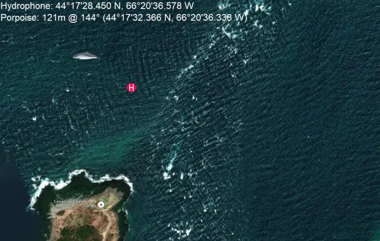 The Harbour Porpoise Map program showing the position estimation of a porpoise and the location of the sensor array.
